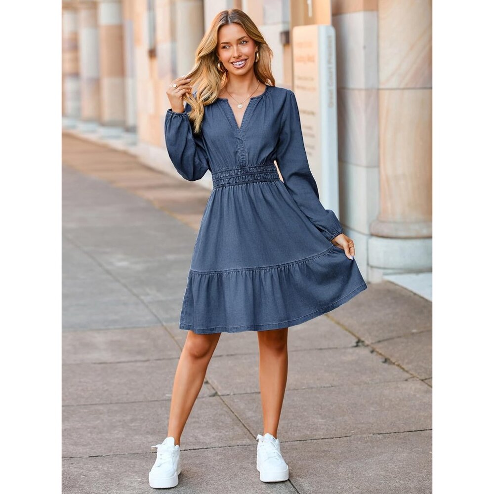 Women's Denim Dress Casual Long Sleeve V Neck Flowy A Line Pockets - Picture 8 of 8